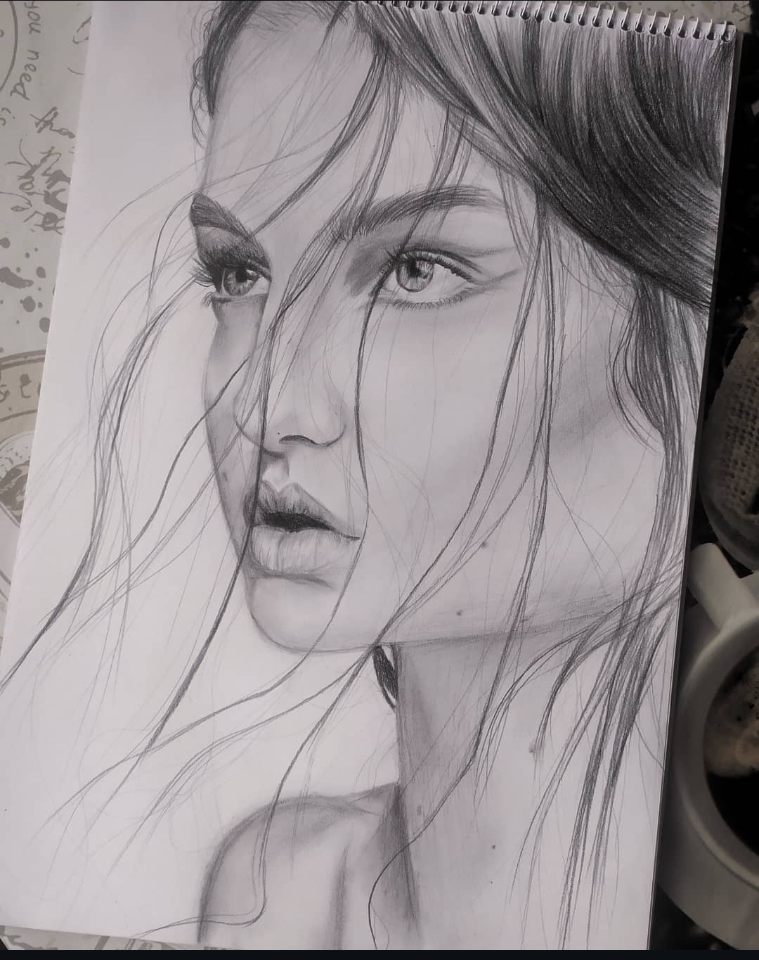 Portrait of woman with sunglasses and a cigarette, graphite on white paper